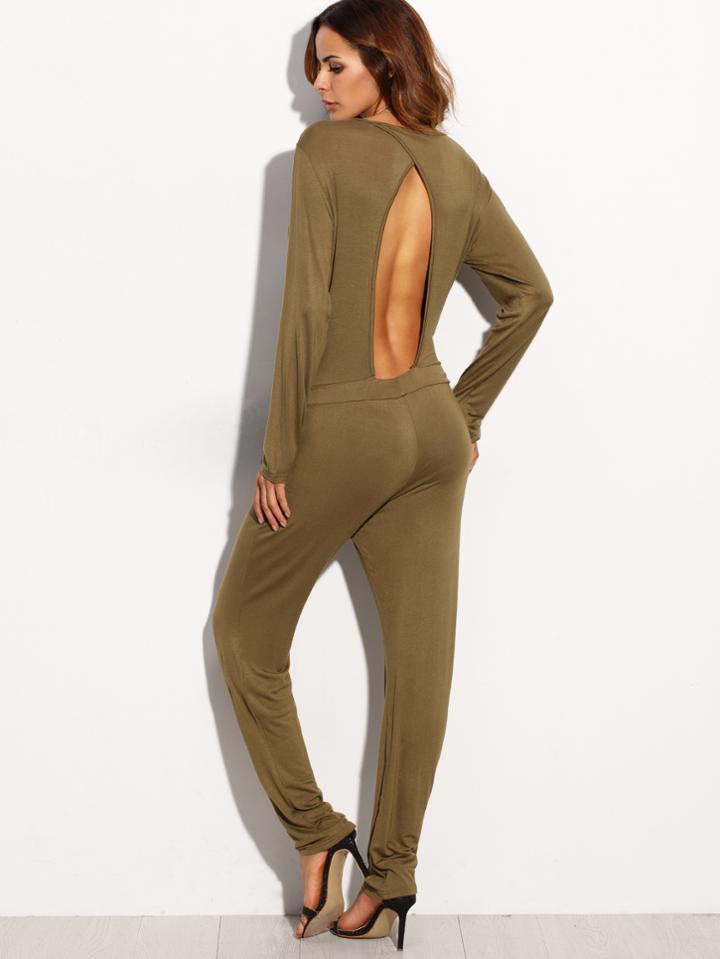 Romwe Army Green Deep V Neck Cutout Back Long Sleeve Jumpsuit
