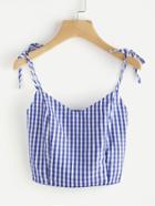 Romwe Self Tie Shoulder Checked Shirred Back Cami Top