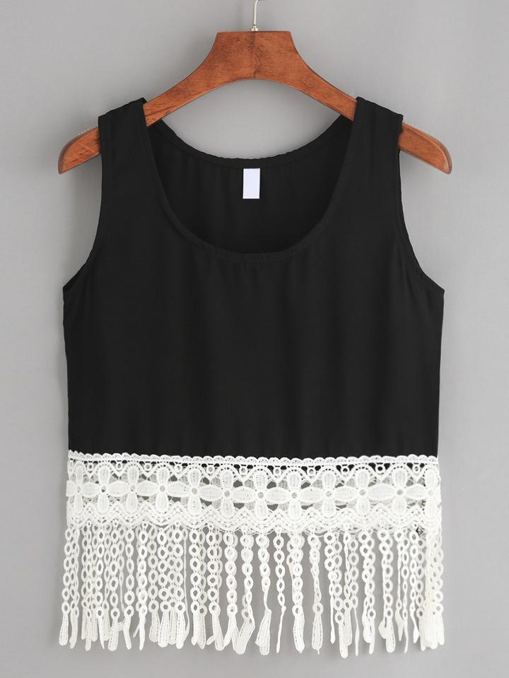 Romwe Black Crochet Fringe Trim Tank Top