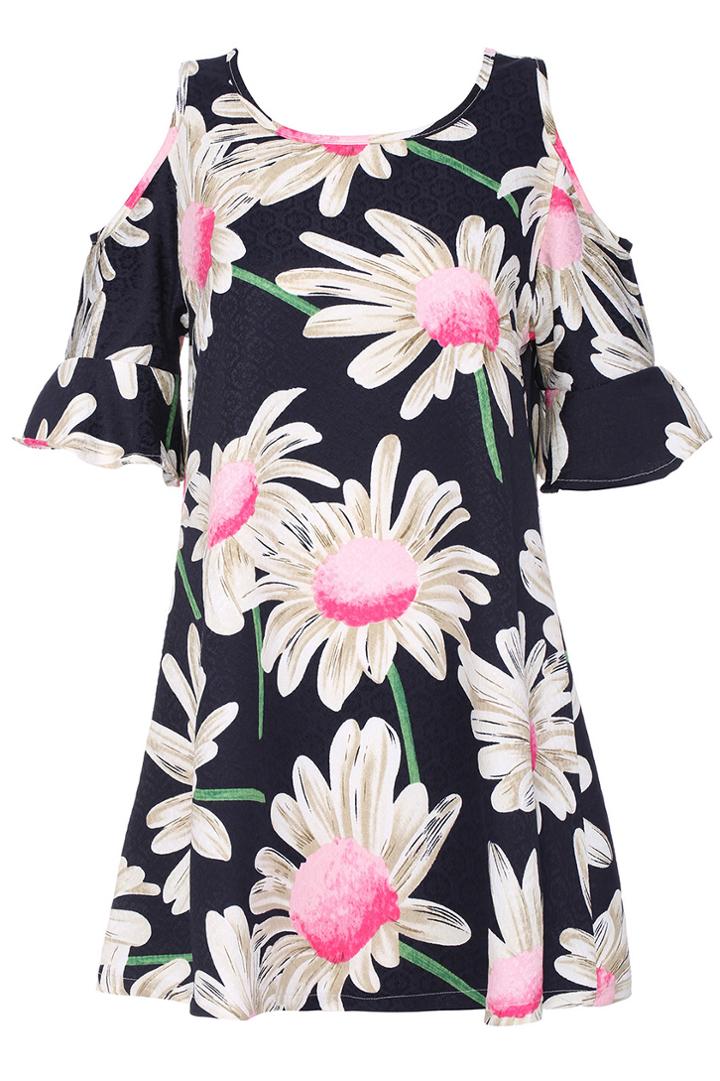 Romwe Romwe Chrysanthemum Print Off-shoulder Black Short-sleeved Blouse