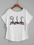 Romwe White Cartoon Cat Print Loose T-shirt