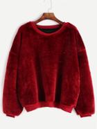 Romwe Burgundy Dropped Shoulder Seam Fuzzy Sweatshirt