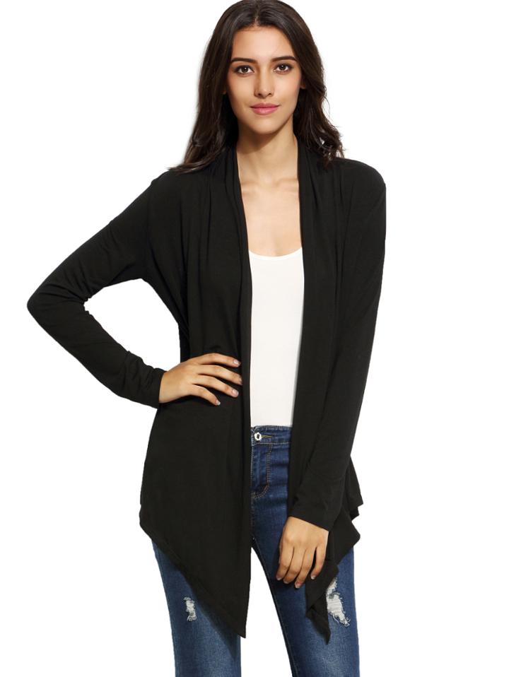 Romwe Black Open Front Drape Cardigan Sweater