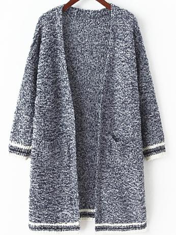 Romwe Varsity Striped Pockets Blue Cardigan
