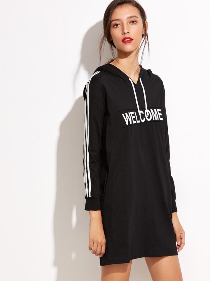 Romwe Black Letter Print Striped Sleeve Hooded Sweatshirt Dress