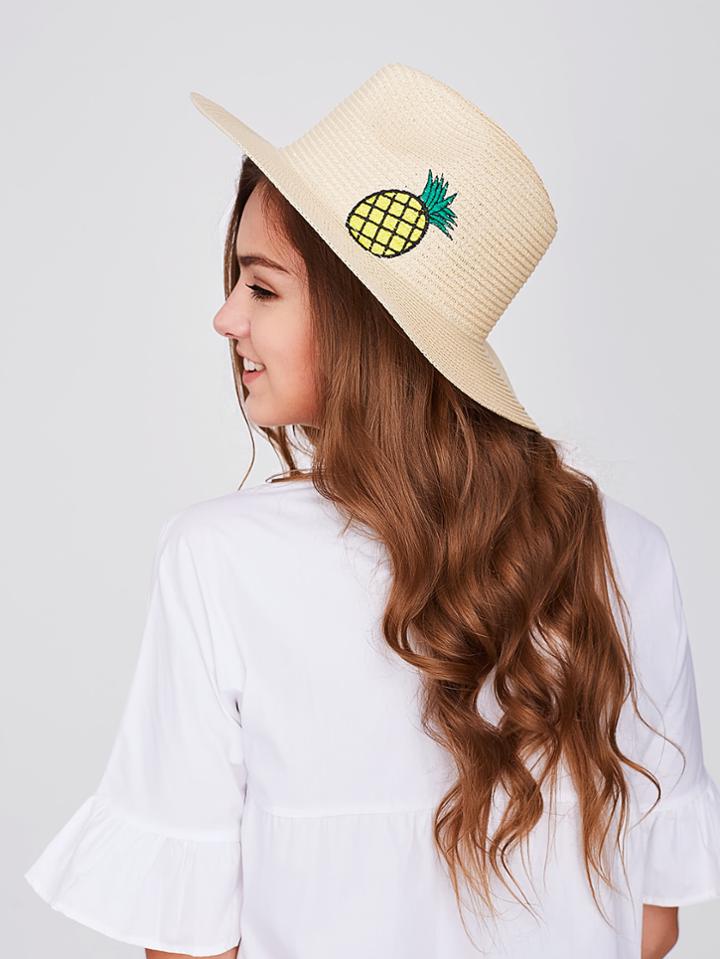 Romwe Pineapple Embroidery Straw Fedora Hat