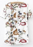 Romwe Round Neck With Buttons Map Print Top