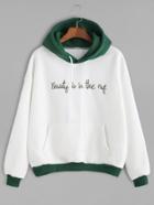 Romwe Color Block Slogan Embroidered Hooded Sweatshirt