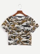 Romwe Camo Print Hollow Crop T-shirt