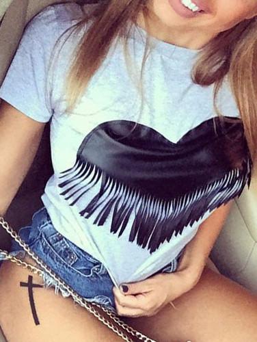 Romwe Fringed Heart Patch T-shirt