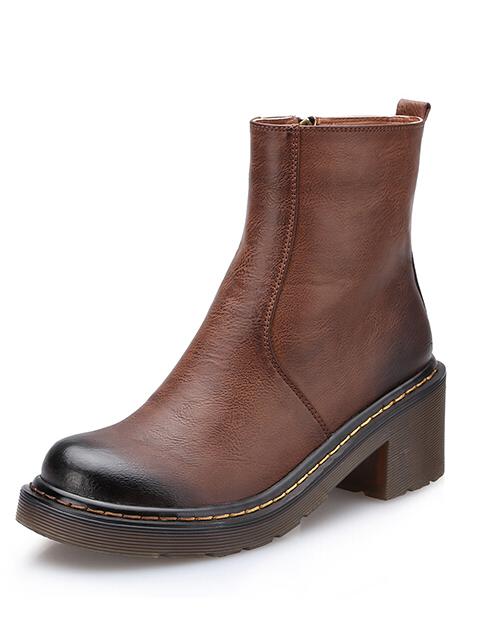Romwe Brown Brush Round Toe Side Zipper Boots