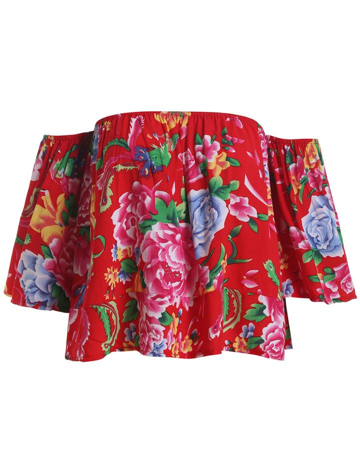 Romwe Off The Shoulder Florals Crop Red Top