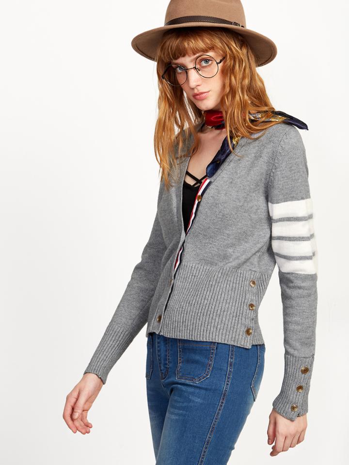 Romwe Light Grey V Neck Stripe Sleeve Buttons Sweater Coat