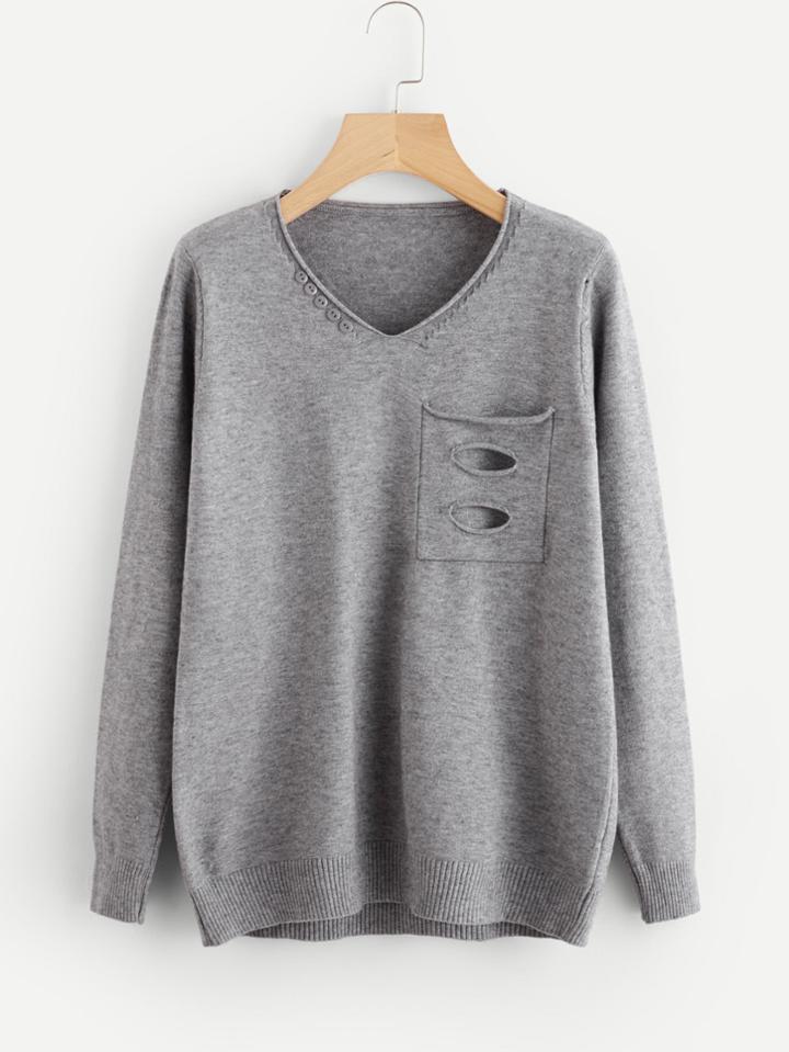 Romwe V Neckline Roll Trim Ripped Pocket Knit Sweater