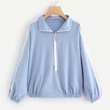 Romwe Tape Panel Sleeve Quarter Zip Sweatshirt