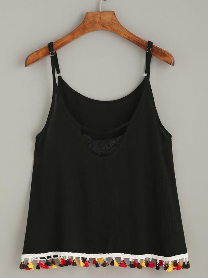 Romwe Black Keyhole Lace Neck Tassel Trim Cami Top