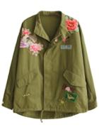Romwe Army Green Embroidered Patch Coat With Drawstring Detail
