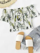 Romwe Tropical Print Lace Up Front Smock Blouse