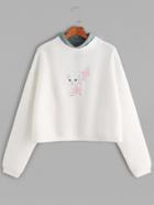 Romwe Contrast Collar Cat Flower Embroidery 2 In 1 Sweatshirt
