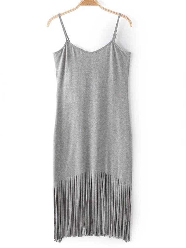 Romwe Grey Adjustable Spaghetti Strap Fringe Dress