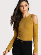 Romwe Open Shoulder Fluted Sleeve Ribbed Tee