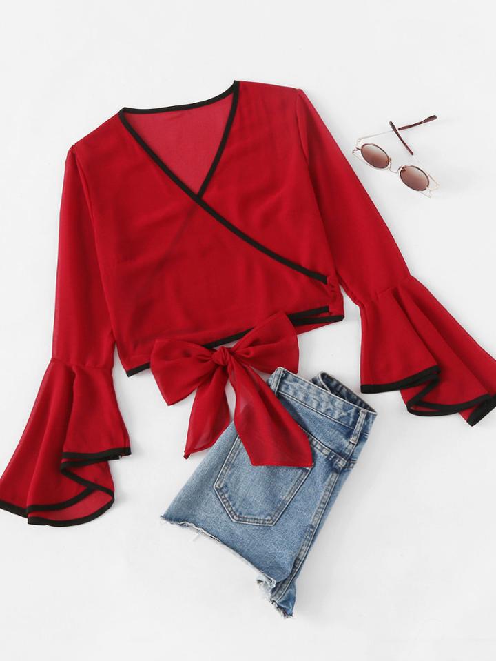 Romwe Fluted Sleeve Surplice Bow Detail Ringer Blouse