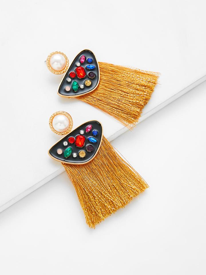 Romwe Rhinestone Top Fringe Drop Earrings