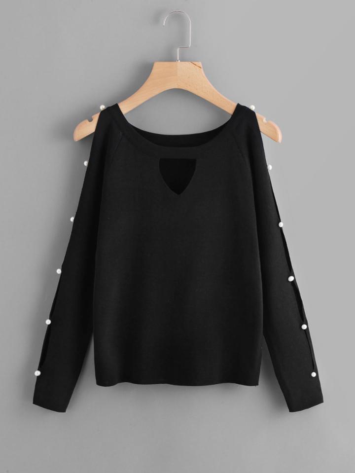 Romwe Cold Shoulder Pearl Beaded Sleeve Knit Top