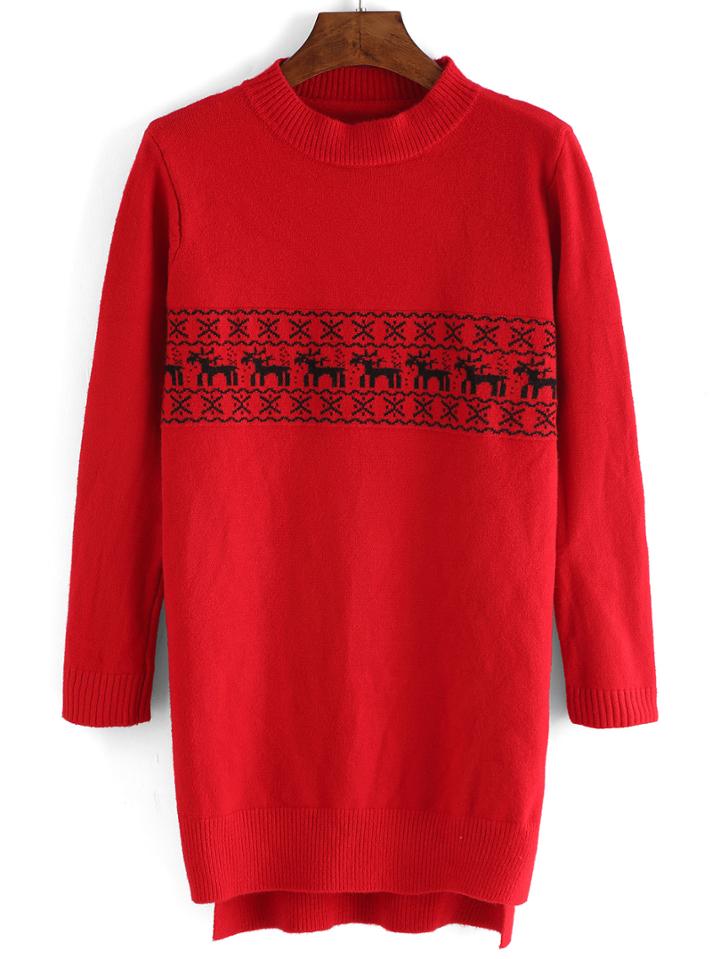Romwe Mock Neck Moose Print Sweater