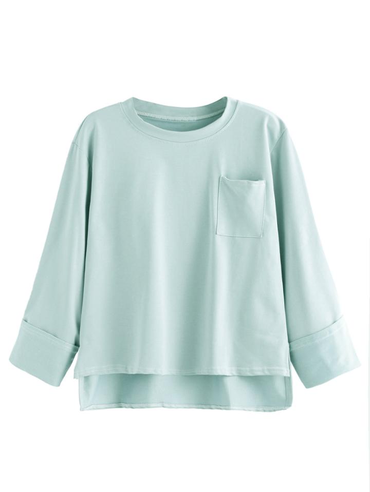 Romwe Pale Green Dip Hem Cuffed Pocket T-shirt