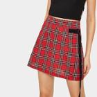 Romwe Contrast Ribbon Tartan Skirt