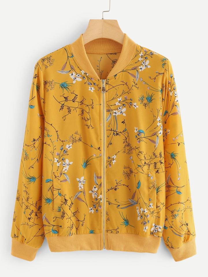 Romwe Calico Print Zip Up Jacket