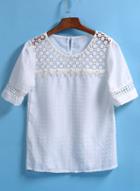 Romwe Lace Crochet Hollow With Pearl Top