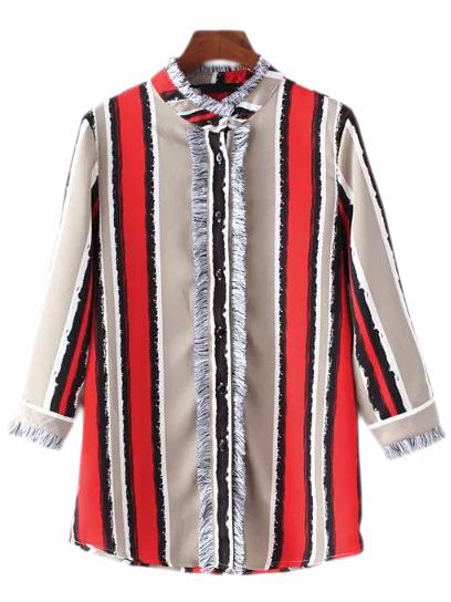 Romwe Multicolor Random Vertical Stripe Fringe Blouse