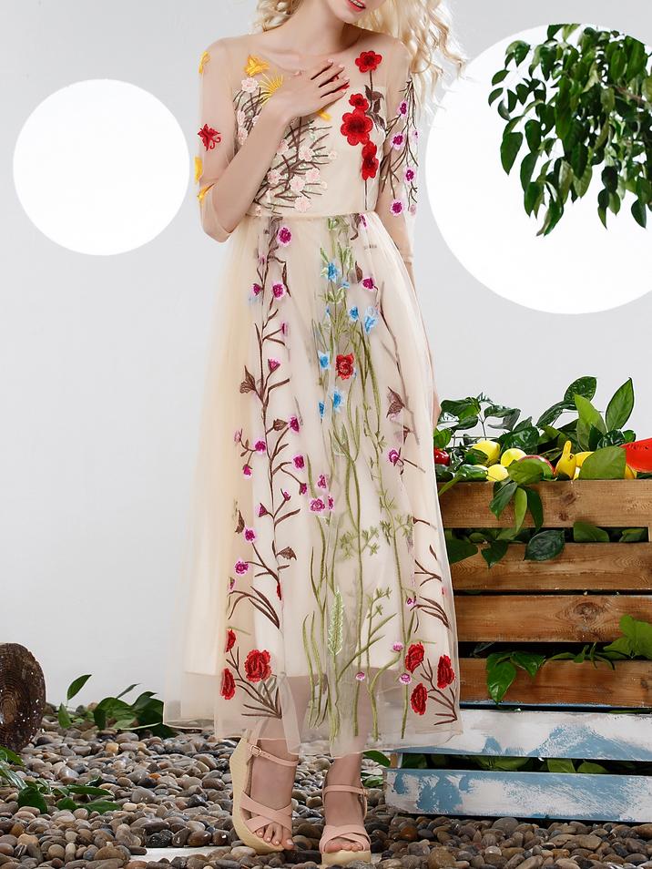 Romwe Apricot Gauze Embroidered A-line Dress