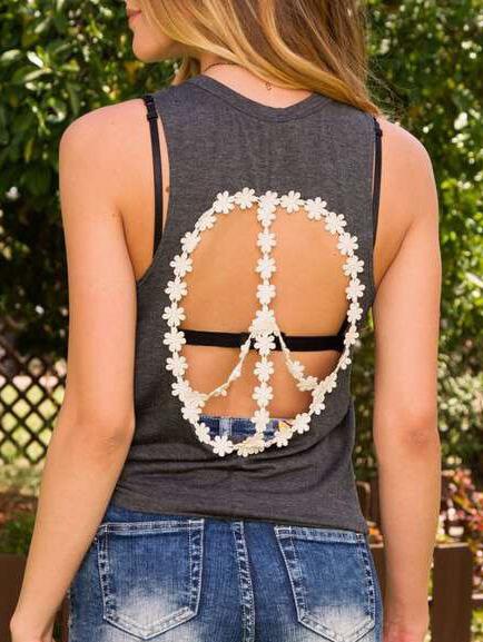 Romwe Lace Peace Symbol Back Grey Tank Top