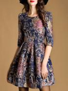Romwe Multicolor Round Neck Half Sleeve Embroidered Dress