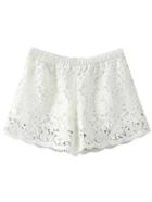 Romwe White Elastic Waist Rose Lace Shorts