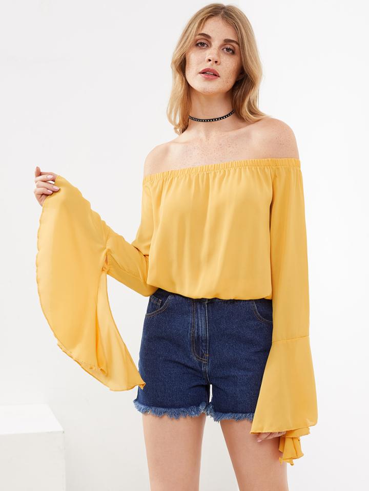 Romwe Bardot Split Trumpet Sleeve Top