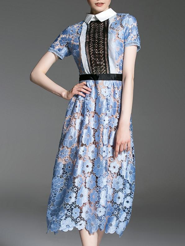 Romwe Blue Lapel Crochet Hollow Out Dress