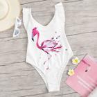 Romwe Flamingo Print Ruffle Backless One Piece Swim