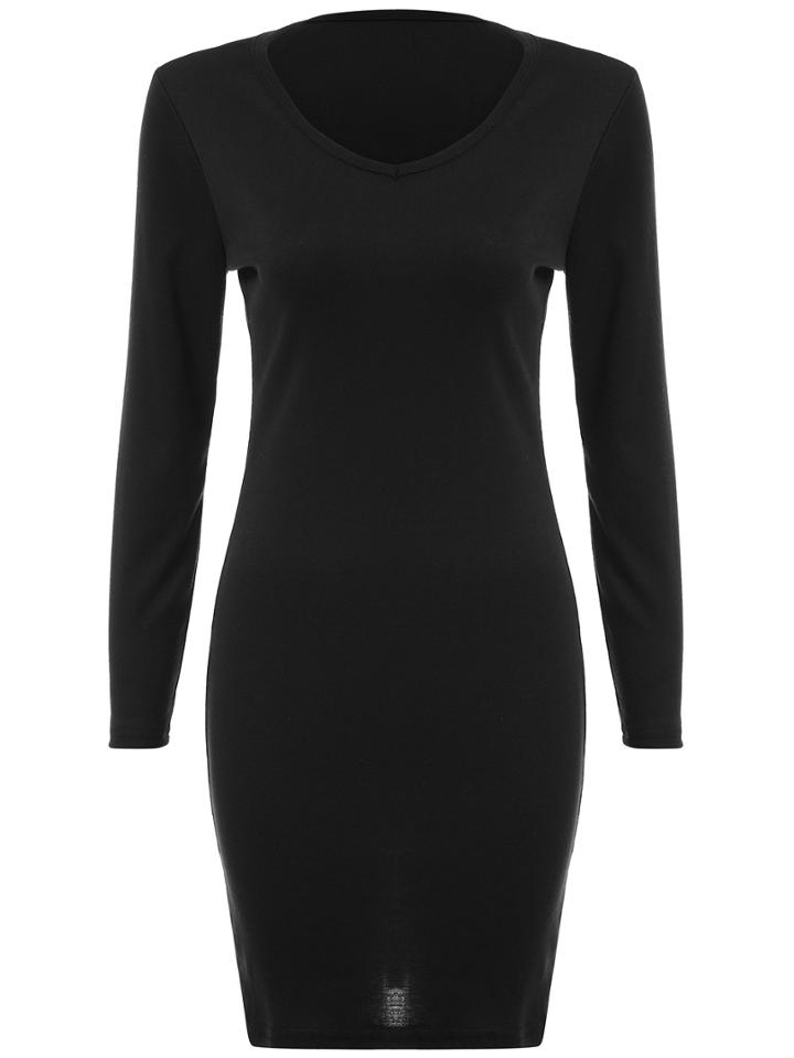 Romwe V Neck Long Sleeve Tight Black Dress