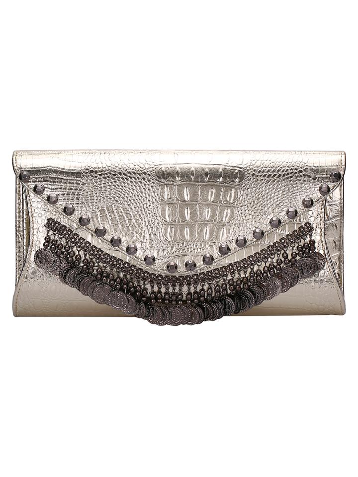 Romwe Gold Magnetic Studded Chain Clutches