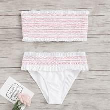 Romwe Smocked Bandeau With Frill Trim Bikini Set
