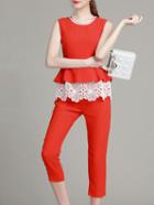 Romwe Red Contrast Crochet Ruffle Top With Pants