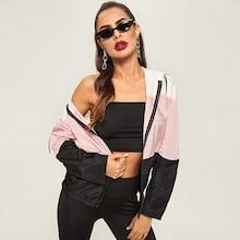Romwe Color Block Zip Hooded Jacket