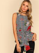 Romwe Self Belted Floral And Plaid Shell Top