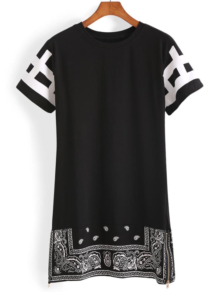 Romwe Cashew Print Zipper Loose T-shirt