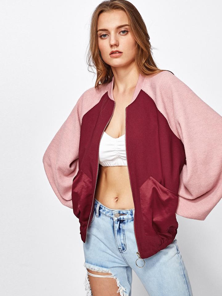 Romwe Two Tone Exaggerate Sleeve Mixed Media Jacket