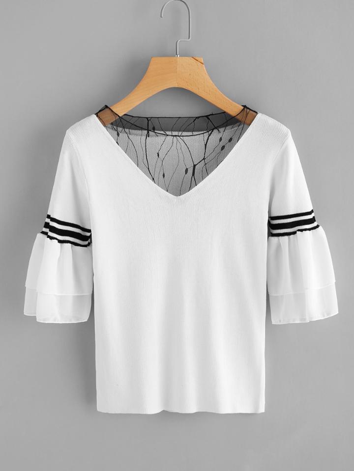 Romwe Fishnet Neck Striped Tiered Sleeve T-shirt